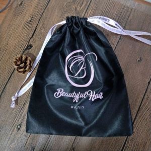 Bolsa de Regalo Personalizada de Lujo, Negra, Gruesa, de Satén de Seda Ecológica, con Cordón, para Extensiones de Cabello, con Impresión de Logotipo - Product Image 2