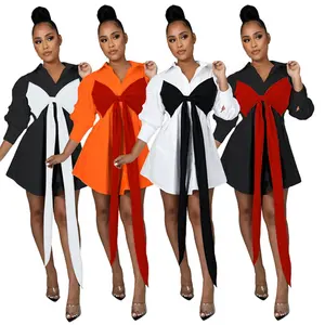 2022 New Front Bow Tie Long Sleeve Button Up Shirt Dress For Women