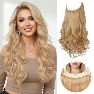 Extensions de cheveux synthétiques ondulés naturels à fil invisible, en <span class=keywords><strong>fibre</strong></span>, à clipser, blondes, résistantes à la chaleur, pour femmes, vente en gros - Product Image 1