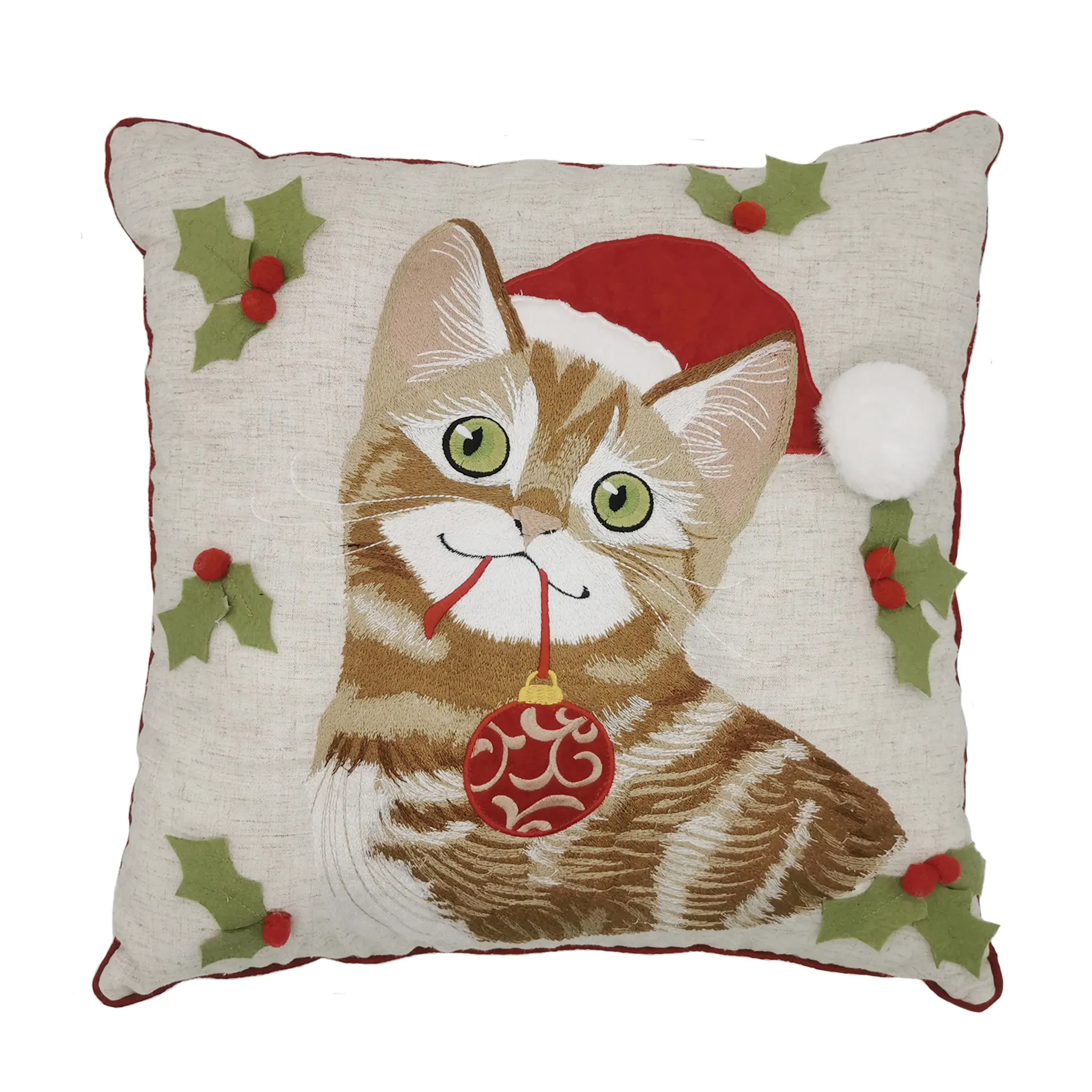 wholesale decorative LED embroidery cat 3D red hat pompom applique leaves seasonal cushion throw covers pillows Christmas