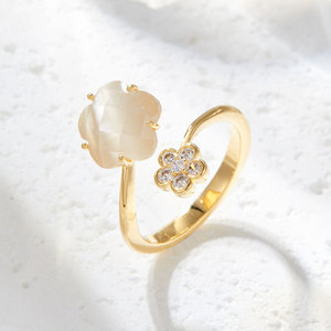 Flower Shape <b>Adjustable</b> <b>Ring</b> With Cat's Eye Stone And Diamond Pave Setting For Women Gift Jewelry - Product Image 1