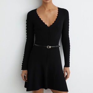 Vestido casual elegante de alta calidad para mujer, vestido de punto con cuello en V, manga larga con volantes, cinturón y corte acampanado, mini vestido para fiesta u oficina. - Product Image 2