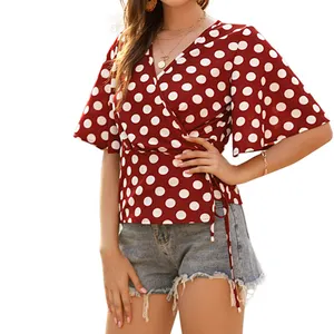 Stylish Casual Summer Vintage V-Neck Pullover Head Polka Dot Shirt For Women