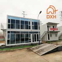 DXH Maison conteneur préfabriquée modulaire sur 2 étages, bureau détachable, mur-rideau en verre, maison d'hôtes en kit, grand espace de camping