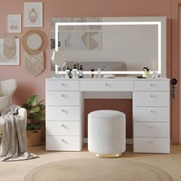 Table de toilette moderne européenne blanche à 11 tiroirs avec miroir spacieux, éclairage et prise de courant intégrée, MOQ 100