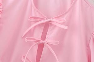 Camisa <span class=keywords><strong>de</strong></span> verano para mujer con camisa <span class=keywords><strong>de</strong></span> <span class=keywords><strong>corbata</strong></span> Vintage linterna manga corta cuello redondo blusas Chic elegante Puff manga corta sólido con volantes Top - Product Image 6