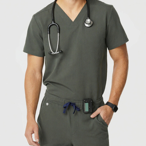 Haut de blouse médicale vert olive à col en V pour homme avec poche pour stéthoscope et taille à cordon, ensemble uniforme d'hôpital - Product Image 2