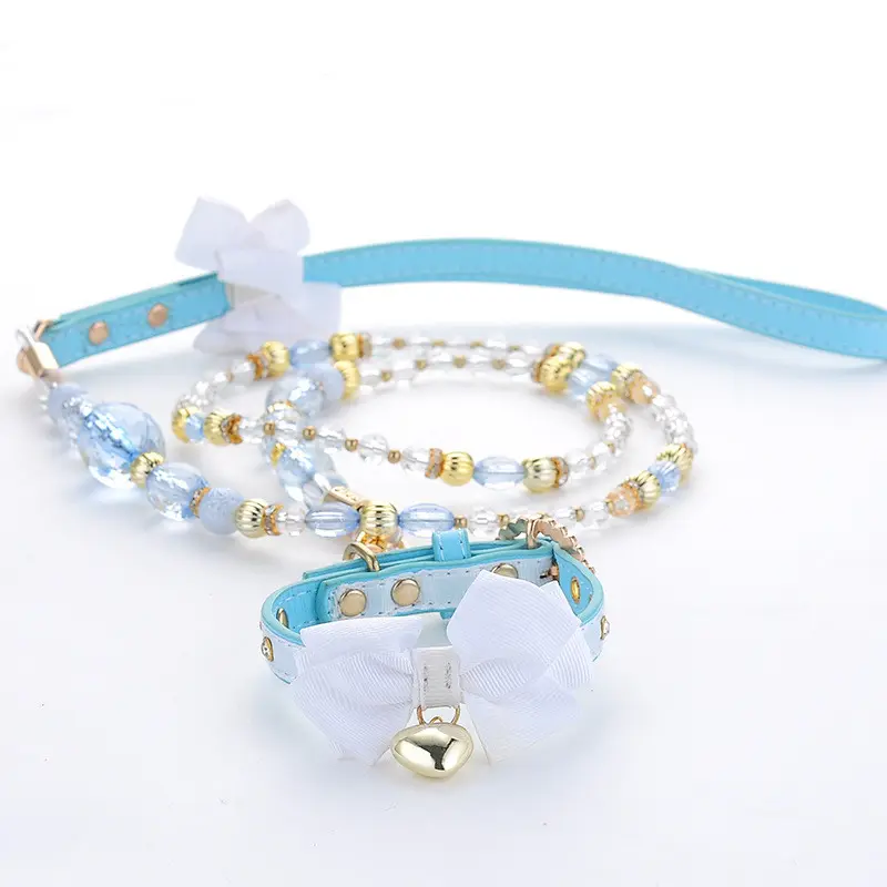 Dog Bowknot Towing Rope Set Dog Chain Small Dog Cat Collar Pet Blue Pearl Crystal Collar