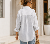 Chemisier décontracté surdimensionné en mousseline brodée à rayures et patchwork pour femme, avec panneau en dentelle unique, manches longues, vente en gros OEM ODM
