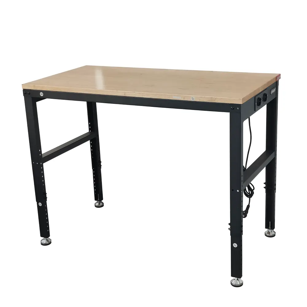 Height adjustable working table garage workshop heavy duty work bench with rubber wood worktop & power outlets