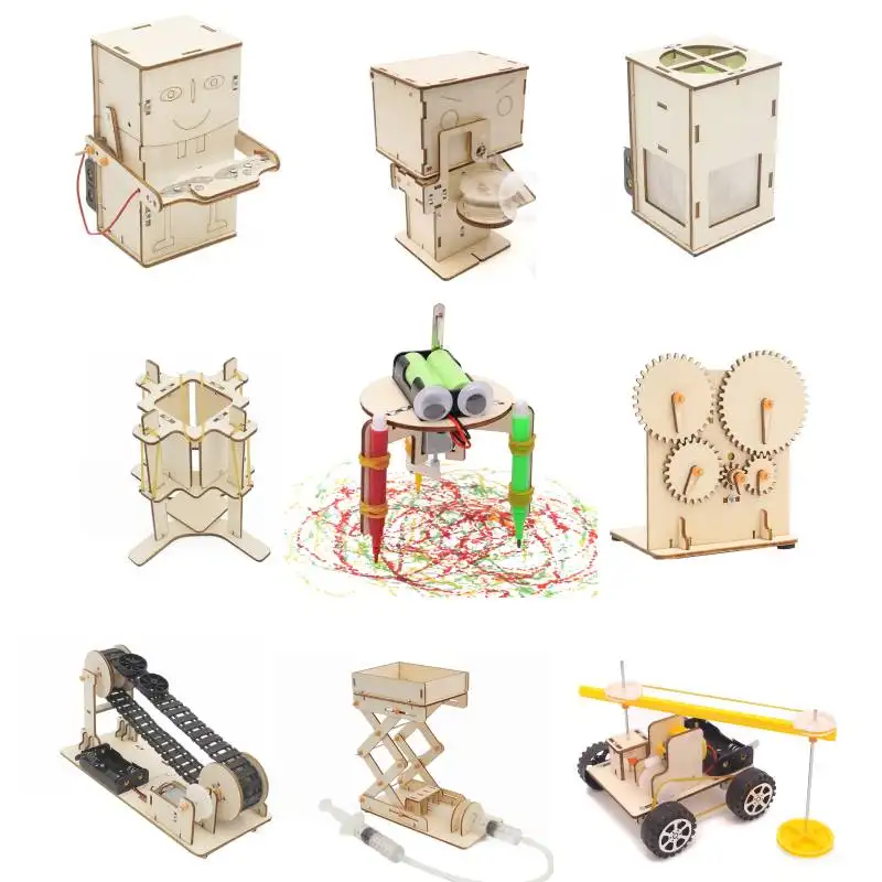 Stem - Jogo de brinquedos educativos infantis, kit de ciências robótica de madeira DIY, tecnologia de brinquedo para experimentos de montagem
