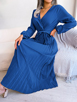 Croisé col en v en mousseline de soie robes décontractées femmes dame élégante ceinture Maxi plissé robe à volants 2025
