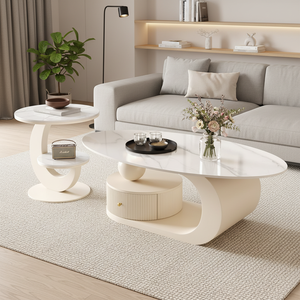 Tavolino da Caffè <span class=keywords><strong>Moderno</strong></span> Ovale in Legno Massello e Pietra con Design Durevole, Garanzia <span class=keywords><strong>di</strong></span> 2 Anni per Soggiorno - Product Image 5