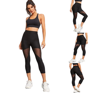Wholesale Solid <b>Black</b> Mesh High Elastic Waist Quick Dry Calf-Length Yoga <b>Leggings</b> with Pockets for <b>Women</b> - Product Image 1