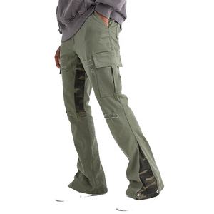 Logotipo de etiqueta tejida de lujo 100% sarga de algodón caqui Delgado apilado Flare Camo Gusset Rip Cargo pantalones para hombres - Product Image 1