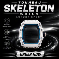 Montre sport haut de gamme style 35-03 en fibre de carbone blanche, bracelet bleu, cadran squelette, boîtier tonneau, montre mécanique automatique pour homme