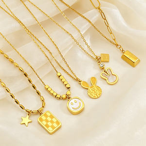 Collier en acier inoxydable plaqué or 18 carats pour femmes, tendance INS, pendentif en forme de barre d'or, visage souriant, coquille, bijoux - Product Image 1