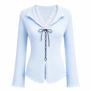 Vintage Fitted Woven 100% Silk Eco-Friendly <b>Cardigan</b> with <b>Lace</b> up Front Scallop Hem Lantern Sleeve for Color Autumn Wear - Product Image 2