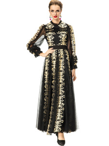 Abito formale retrò con scollo <span class=keywords><strong>a</strong></span> V, ricamato, <span class=keywords><strong>a</strong></span> maniche lunghe e larghe, lunghezza maxi, abbigliamento femminile in stile europeo. - Product Image 4