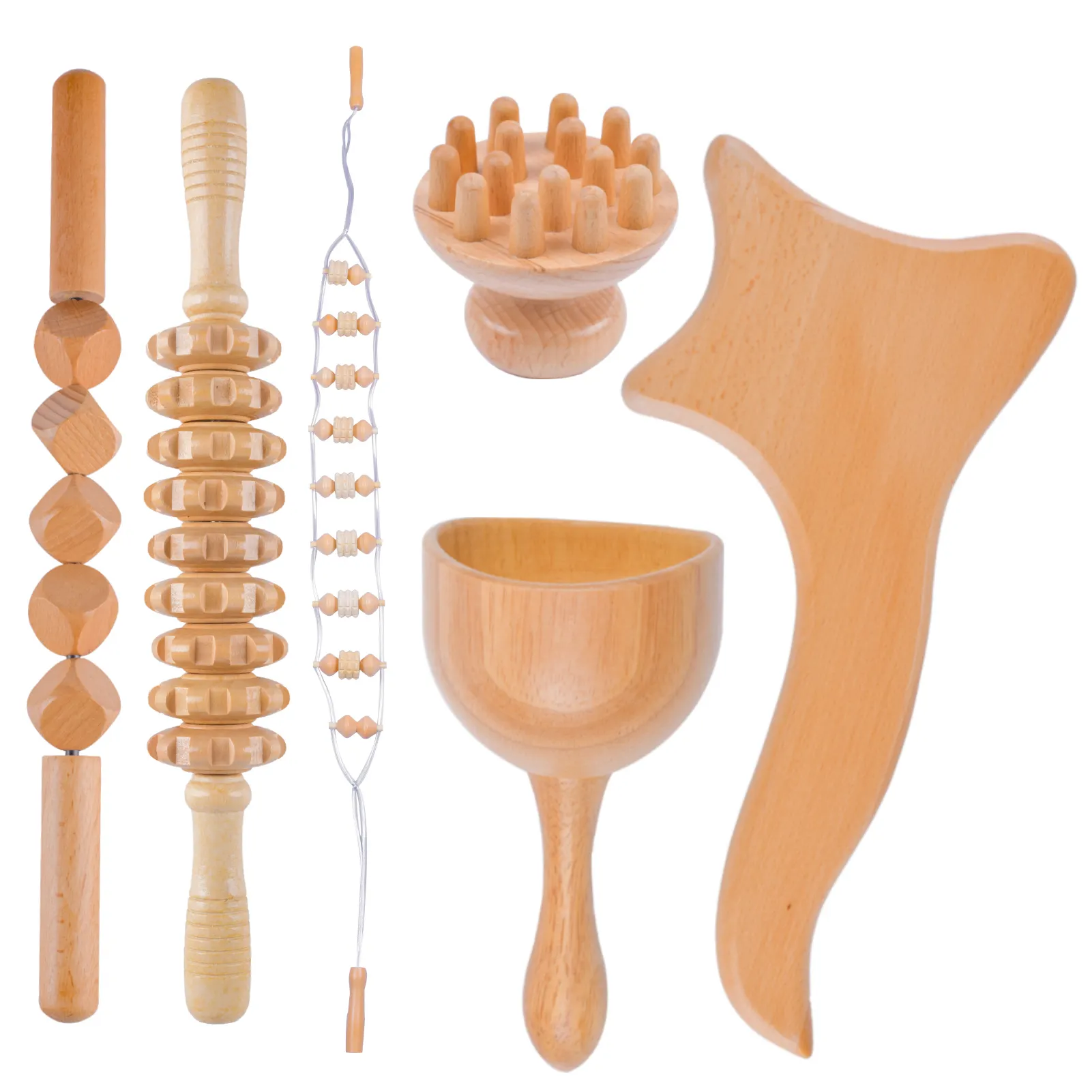 Factory Supply Custom Professional Lymphatic Drainage Facial Body Shaping Massage Roller Set Wood Therapy Tools