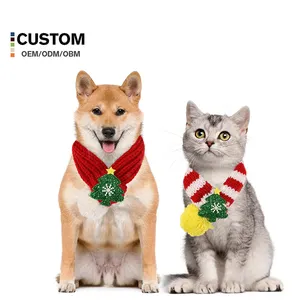 Small Christmas Pet Dog Scarf Set with Bow Winter Accessories for Cat Puppy Red Animal Pattern Clothes Gift