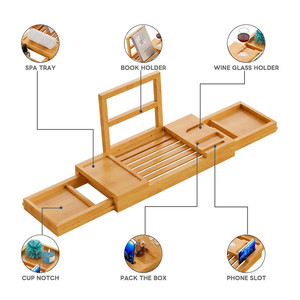 Organizzatore per Accessori da Bagno con Lati Estensibili, Vassoio Regolabile in Bambù per Vasca con Portabicchiere e Portacandele - Product Image 4
