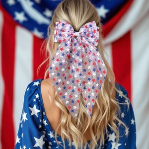 Épingle à cheveux durable avec ruban drapeau américain commémoratif et nœud superposé en tulle, accessoire <span class=keywords><strong>de</strong></span> fierté nationale pour festival d'été - Product Image 1
