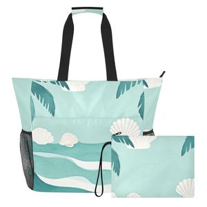 Sac de plage personnalisé à imprimé coquillage avec pochette assortie, grand sac fourre-tout avec fermeture éclair pour femmes, vacances d'été - Product Image 2