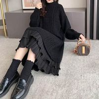 Robes pour femmes en vente, couleur unie, col mi-haut, chandails pour femmes, manches lanternes, automne hiver, robes longues