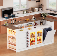 Îlot de cuisine de grande taille avec poubelle intégrée, îlot de rangement fixe avec éclairage, table d'îlot de cuisine à hauteur de comptoir avec 3 tiroirs