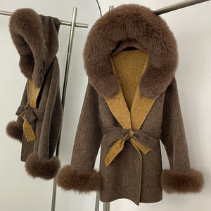 2025 automne hiver femmes Double face laine manteau fourrure de renard garniture <span class=keywords><strong>mi</strong></span>-<span class=keywords><strong>long</strong></span> <span class=keywords><strong>Trench</strong></span> manteau luxe pardessus - Product Image 4