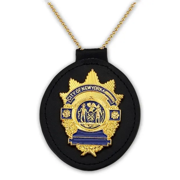 Insigne d'officier avec design et logo personnalisé Portefeuille à insigne en cuir avec chaîne de cou plissée dorée