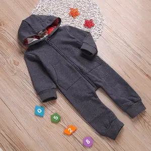 Katoenen Lange Mouwen Herfst Donkergrijs Baby Kleur Kap Romper Pyjama Voor Pasgeboren Baby 'S 9M-3 Jaar Met Rits