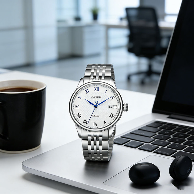 SINOBI Private Label Stainless Steel Men's Watch Custom Logo Water Resistant Business Luxury Bling Mechanical Glass Dial