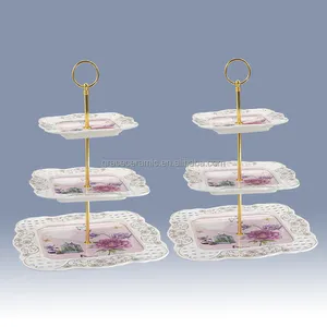 2022 Luxury Fancy 3 Tier Porcelain Cupcake Stand Tiered Serving Wedding Cake Stand Square Shape Embossed Dessert Stand