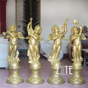 Custom polyresin fibra di vetro piccolo ragazzo quattro cherubino scultura in bronzo oro statua di angelo