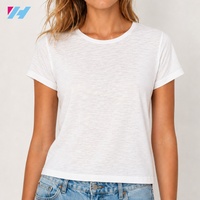 T-shirt blanc personnalisé pour femme, col rond léger en coton slub, OEM ODM