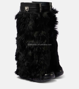 Bottes de motard noires en cuir avec fermeture de requin à <span class=keywords><strong>talon</strong></span> large pour femmes Bottes de luxe avec verrouillage de requin Bottes à hauteur de genou en alpaga - Product Image 1