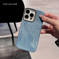 Coques de téléphone portable pour iPhone 16 Plus haut de gamme, antichoc, en TPU+PC, avec revêtement en cuir peint par pulvérisation, motif denim, bouton creux DIY