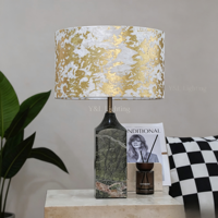 Lampe de table en marbre vert naturel, abat-jour cylindrique en tissu imprimé doré, lampe de bureau décorative de luxe pour hôtel, villa, chambre à coucher