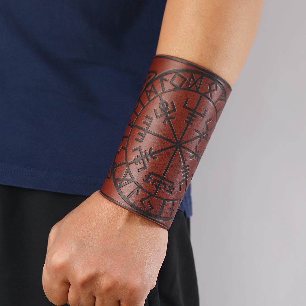 INS Hot Leather Wrist Support Gauntlet Wristband Rock Punk Wax Rope Lace-up  Wolf Arm Bracelet Wide Bracer Arm Armor Cuff