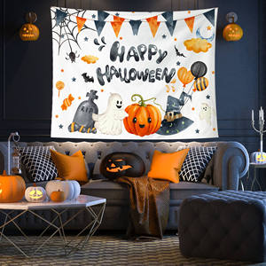 Tapisserie murale de dessin animé pour Halloween, décoration murale en polyester imprimé, rectangulaire, décoration pour la maison avec fantôme, citrouille, chapeau de sorcière - Product Image 1