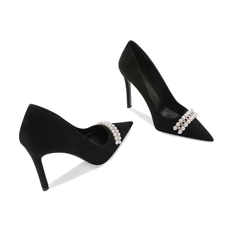 black chain pearl shallow mouth pointed suede design sense niche sexy high heels stiletto women's shoes zapatillas mujer