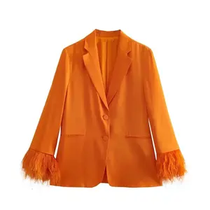 Blazers pour femmes Style coréen Plume orange Blazers fantaisie en satin à manches longues Veste pour femmes Costume 2023 Blazers décontractés
