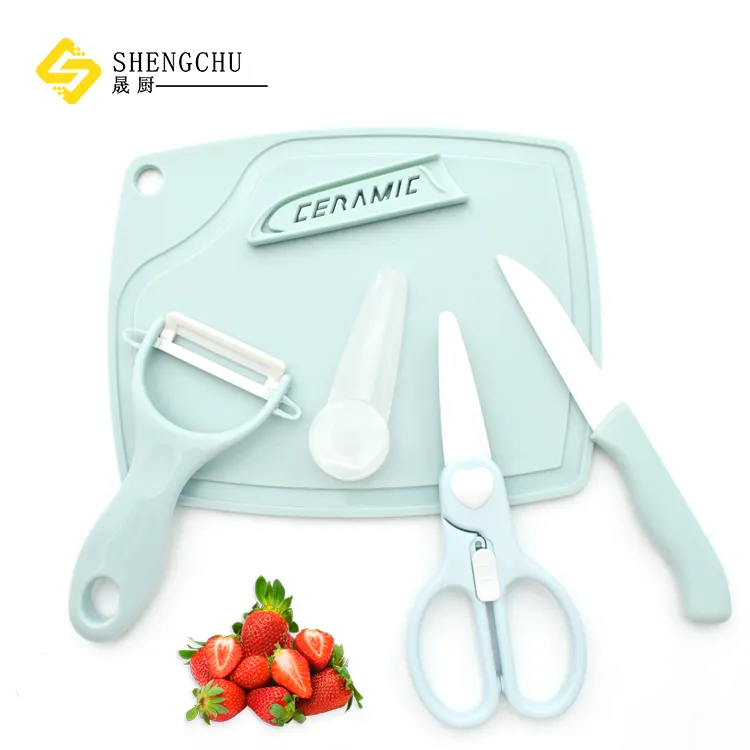 Home Kitchen tools Multi-function 4pcs Ceramic paring Knife set with Chopping board for vegetable fruit cutting