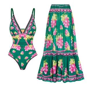 TW 2024 New Women Retro Long-sleeved Retro Green Grapes Swimsuit Set Swimwear Beachwear Bathing Suit Bikini