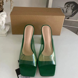 Sandales à talons hauts transparentes en PVC à bout carré et bride unique pour femmes, sandales mules à talon épais en cristal - Product Image 3