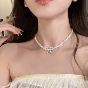 Pearl Necklace Bowknot Choker Gold Silver Beads Party Daily Wear Fashion Jewelry Accessory - Product Image 2