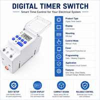 Minuteur numérique programmable hebdomadaire 7 jours, monophasé, 30A, IP65, 60Hz, 1NO 1NC, sur rail DIN, alimenté par batterie