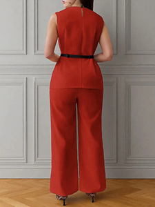 ชุดเซ็ต 2 ชิ้น เสื้อแขนกุดสีพื้นพร้อมเข็มขัดและกางเกงขายาวลำลองสำหรับผู้หญิง แฟชั่น - Product Image 6